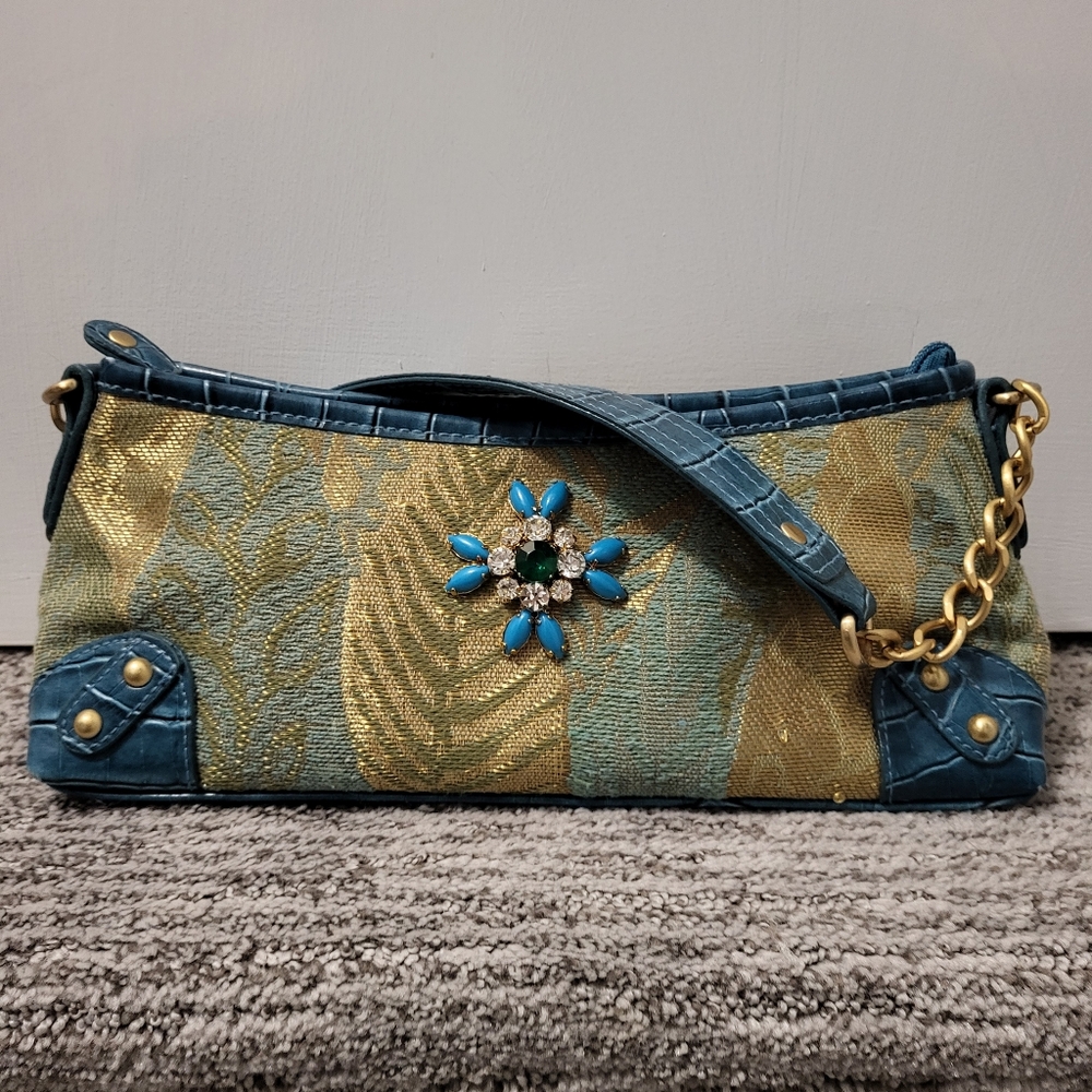 Apt. 9 Purse Gold & Teal Tapestry, Faux Alligator, Rhinestones, Chain
